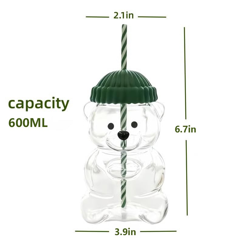 2025 Seasonal Bear Glass Cup 🐻 | Adorable Drinkware with Straw & Green Lid🎄