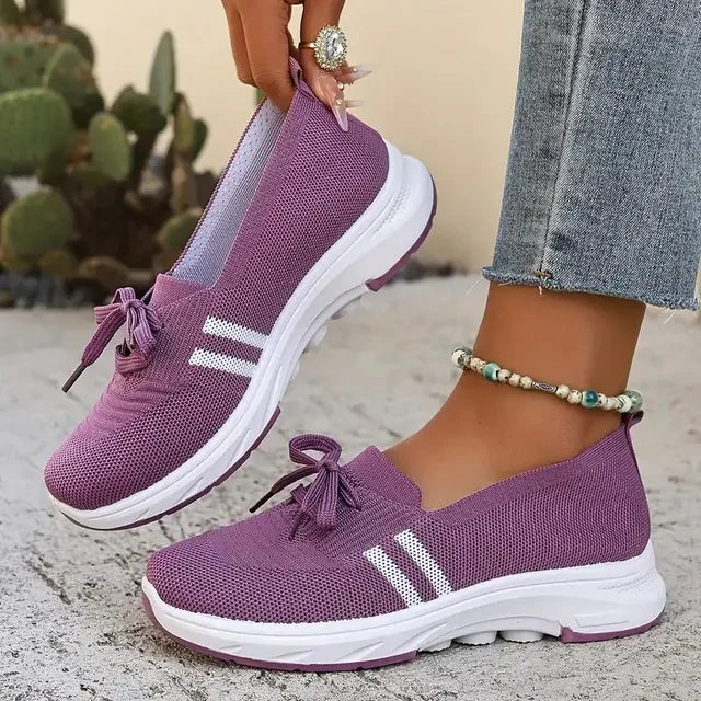 ⭐Autumn Best Seller⭐Women’s Breathable Knit Slip-On Sneakers with Bow – Lightweight Low-Top Casual Shoes in Beige & White for Everyday Comfort