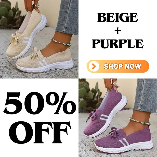 ⭐Autumn Best Seller⭐Women’s Breathable Knit Slip-On Sneakers with Bow – Lightweight Low-Top Casual Shoes in Beige & White for Everyday Comfort