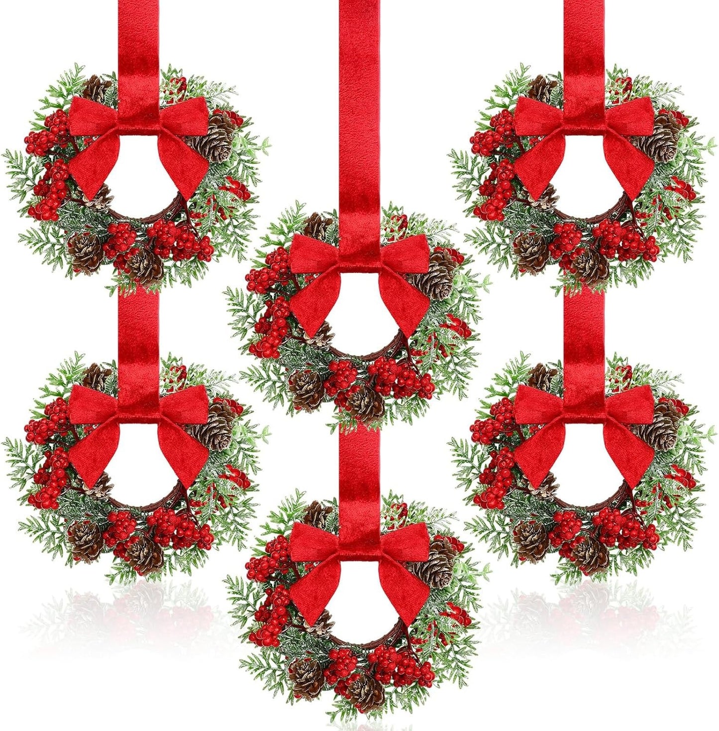 🎀🎄Mini Christmas Wreaths with Ribbon Bows & Red Berries