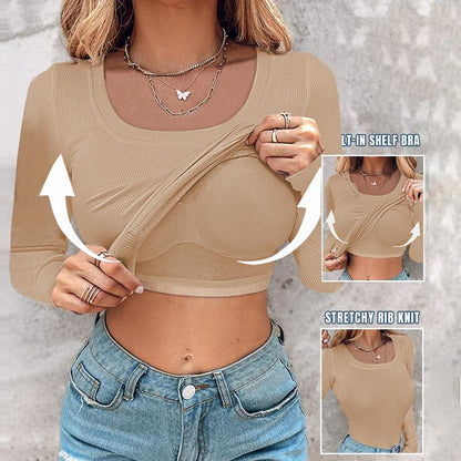 U-neck built-in bra long sleeves bodycon fabric