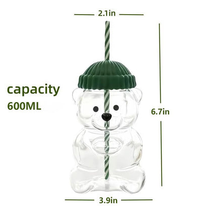 2025 Seasonal Bear Glass Cup 🐻 | Adorable Drinkware with Straw & Green Lid🎄