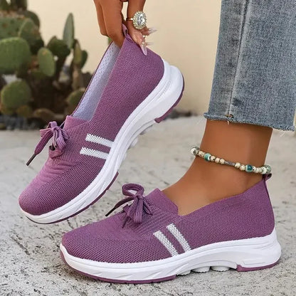 ⭐Autumn Best Seller⭐Women’s Breathable Knit Slip-On Sneakers with Bow – Lightweight Low-Top Casual Shoes in Beige & White for Everyday Comfort