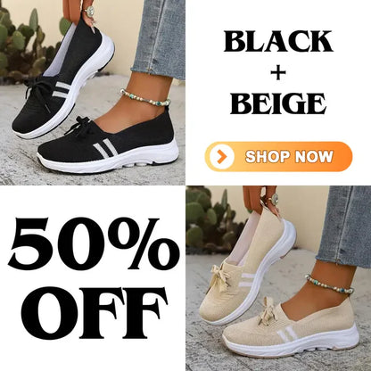 ⭐Autumn Best Seller⭐Women’s Breathable Knit Slip-On Sneakers with Bow – Lightweight Low-Top Casual Shoes in Beige & White for Everyday Comfort