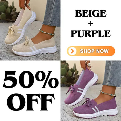 ⭐Autumn Best Seller⭐Women’s Breathable Knit Slip-On Sneakers with Bow – Lightweight Low-Top Casual Shoes in Beige & White for Everyday Comfort