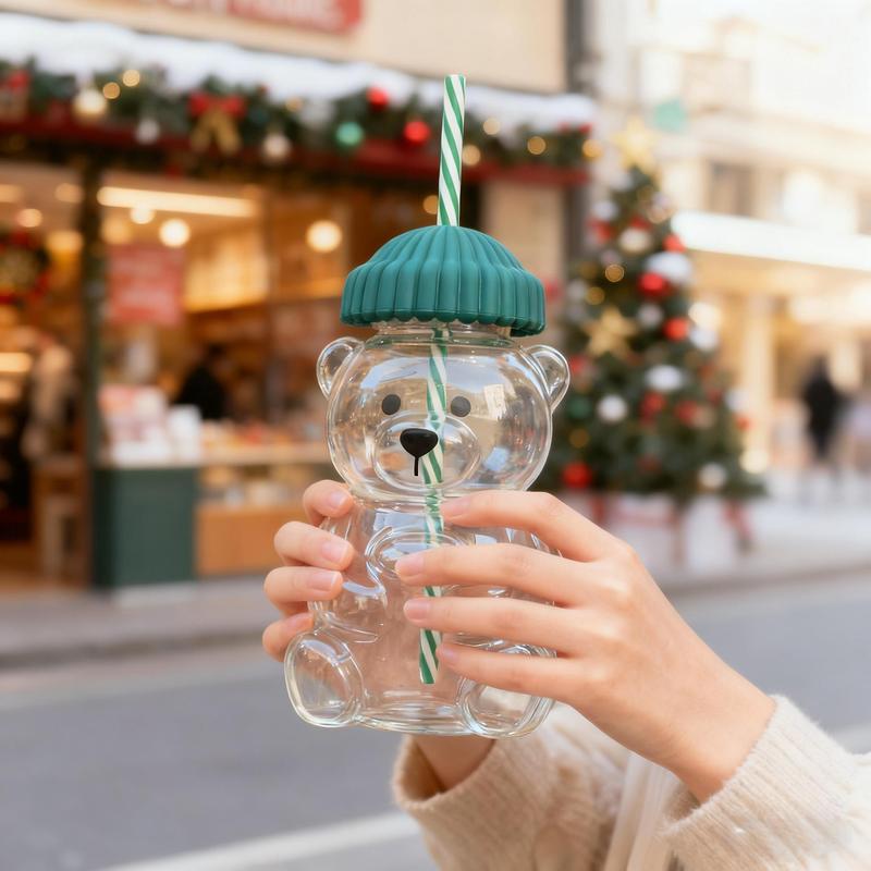 2025 Seasonal Bear Glass Cup 🐻 | Adorable Drinkware with Straw & Green Lid🎄
