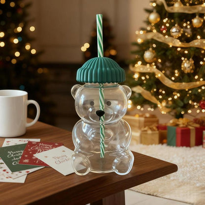 2025 Seasonal Bear Glass Cup 🐻 | Adorable Drinkware with Straw & Green Lid🎄