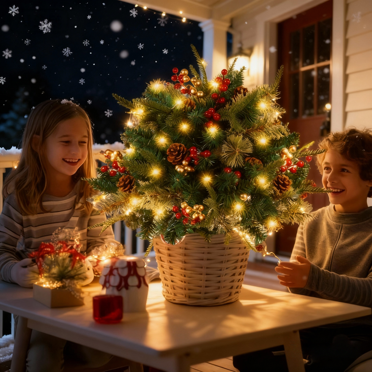 🎄Christmas flower bed with lights, golden and red berries🔥