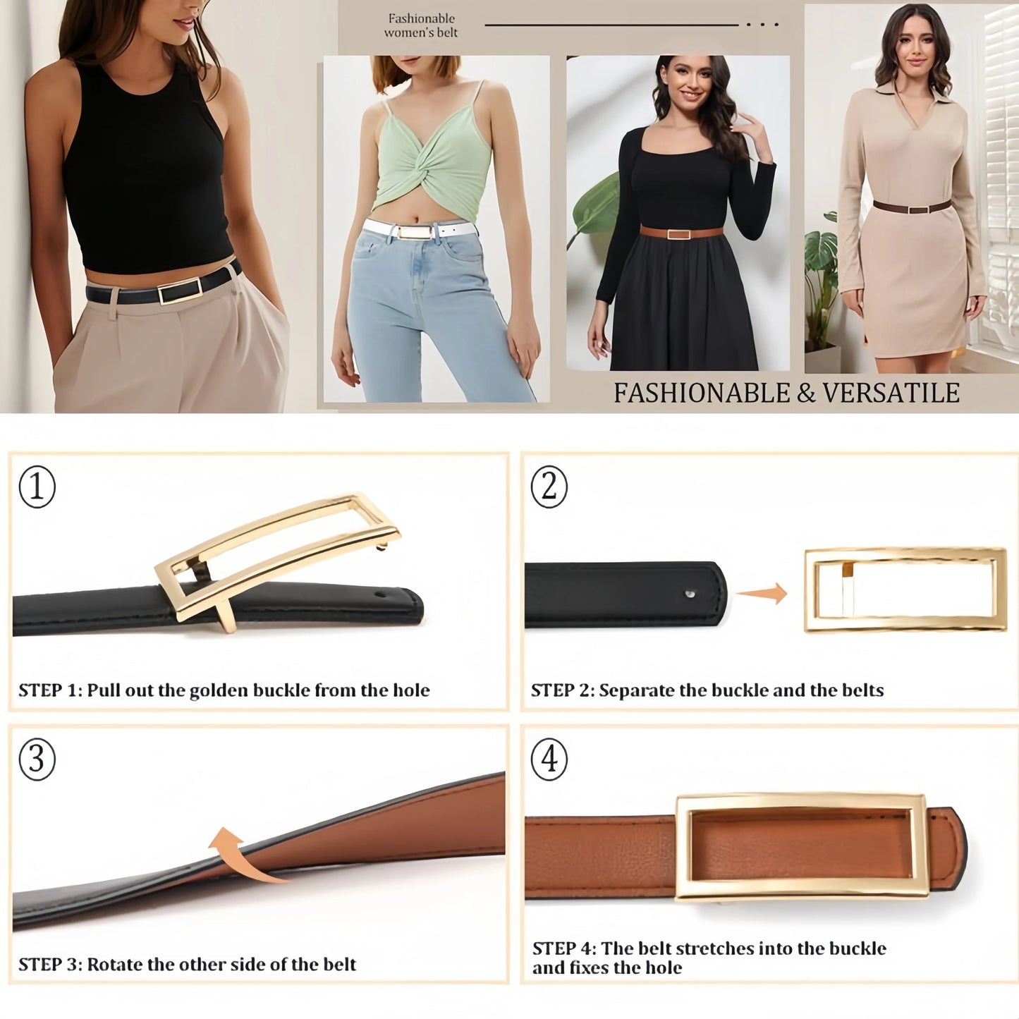 Two-in-One Women Reversible Leather Belt