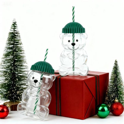 2025 Seasonal Bear Glass Cup 🐻 | Adorable Drinkware with Straw & Green Lid🎄