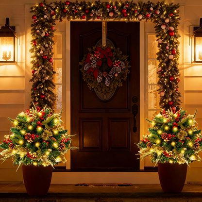 🎄Christmas flower bed with lights, golden and red berries🔥