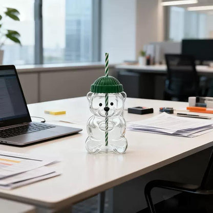 2025 Seasonal Bear Glass Cup 🐻 | Adorable Drinkware with Straw & Green Lid🎄