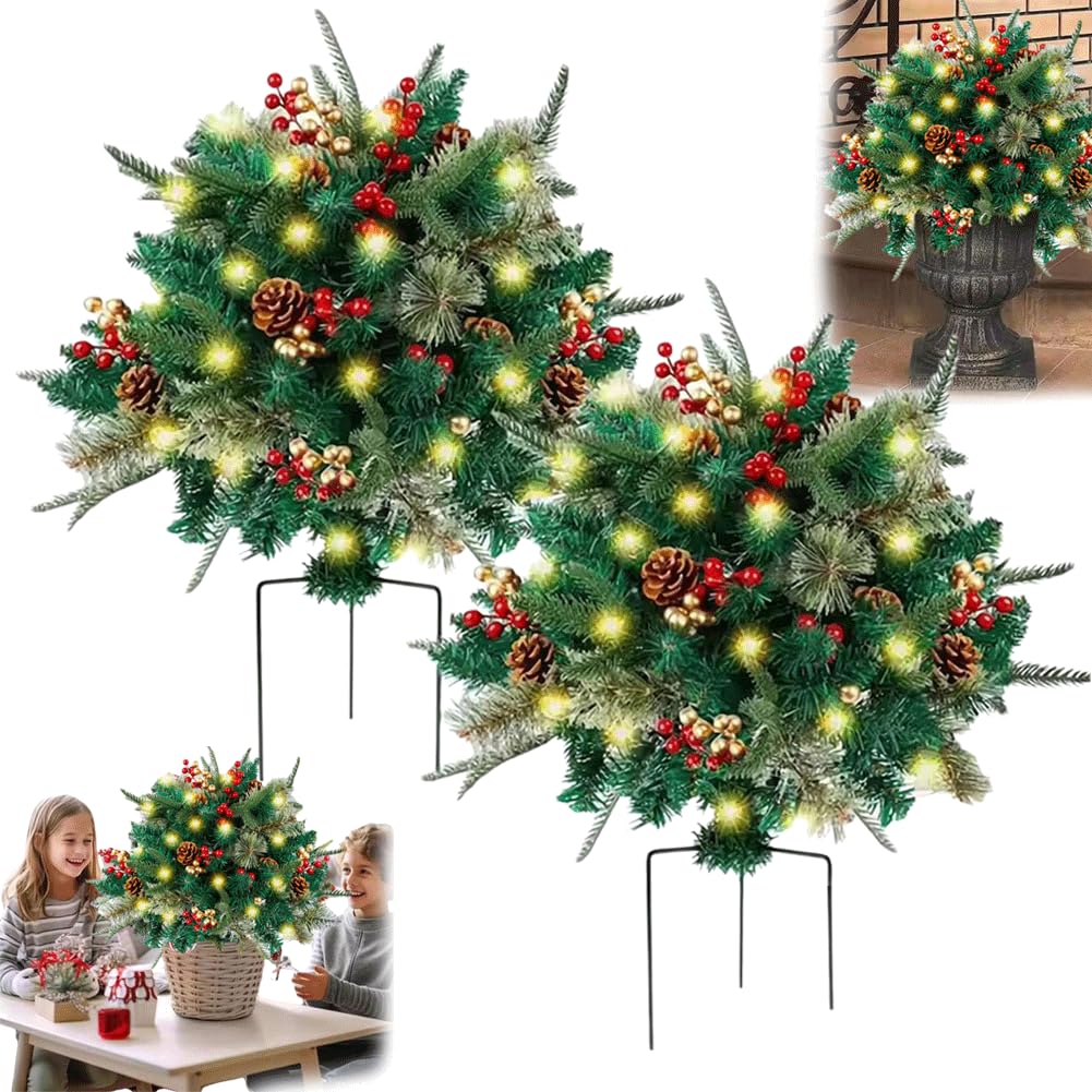 🎄Christmas flower bed with lights, golden and red berries🔥