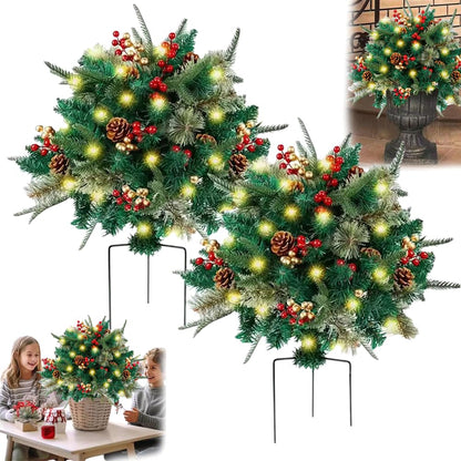 🎄Christmas flower bed with lights, golden and red berries🔥