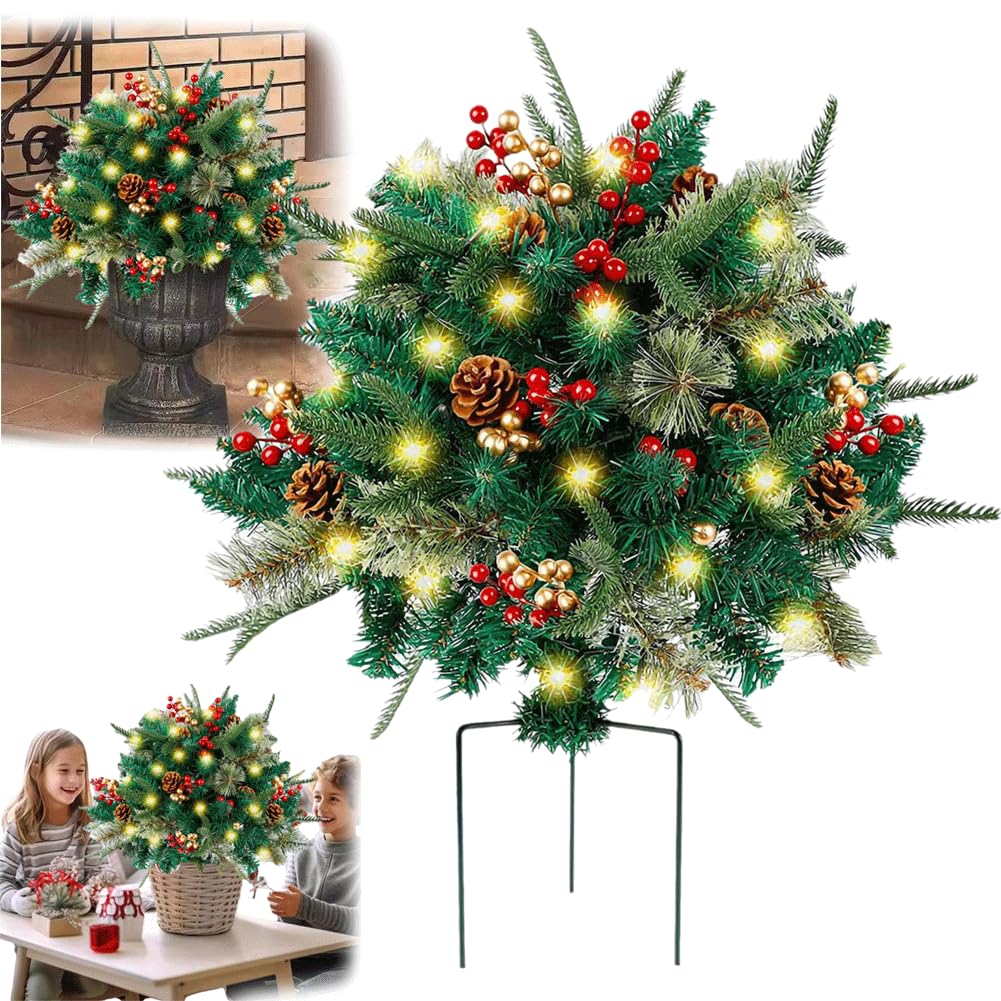 🎄Christmas flower bed with lights, golden and red berries🔥