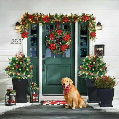 🎄Christmas flower bed with lights, golden and red berries🔥