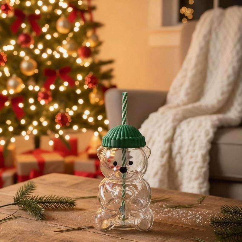 2025 Seasonal Bear Glass Cup 🐻 | Adorable Drinkware with Straw & Green Lid🎄