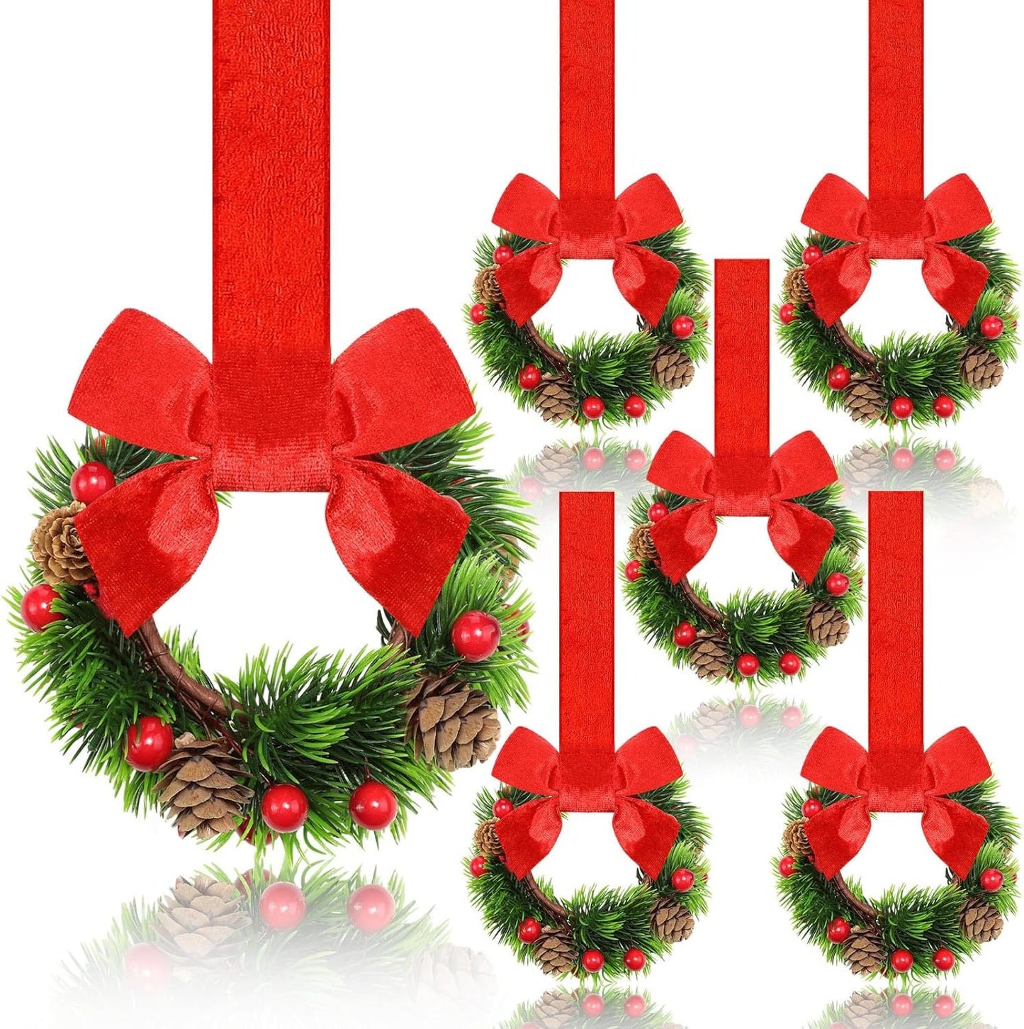 🎀🎄Mini Christmas Wreaths with Ribbon Bows & Red Berries