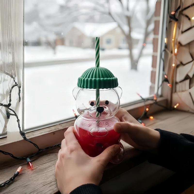 2025 Seasonal Bear Glass Cup 🐻 | Adorable Drinkware with Straw & Green Lid🎄