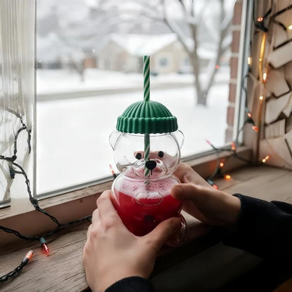 2025 Seasonal Bear Glass Cup 🐻 | Adorable Drinkware with Straw & Green Lid🎄