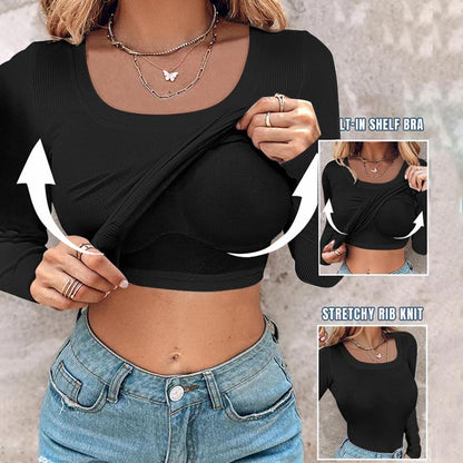 U-neck built-in bra long sleeves bodycon fabric