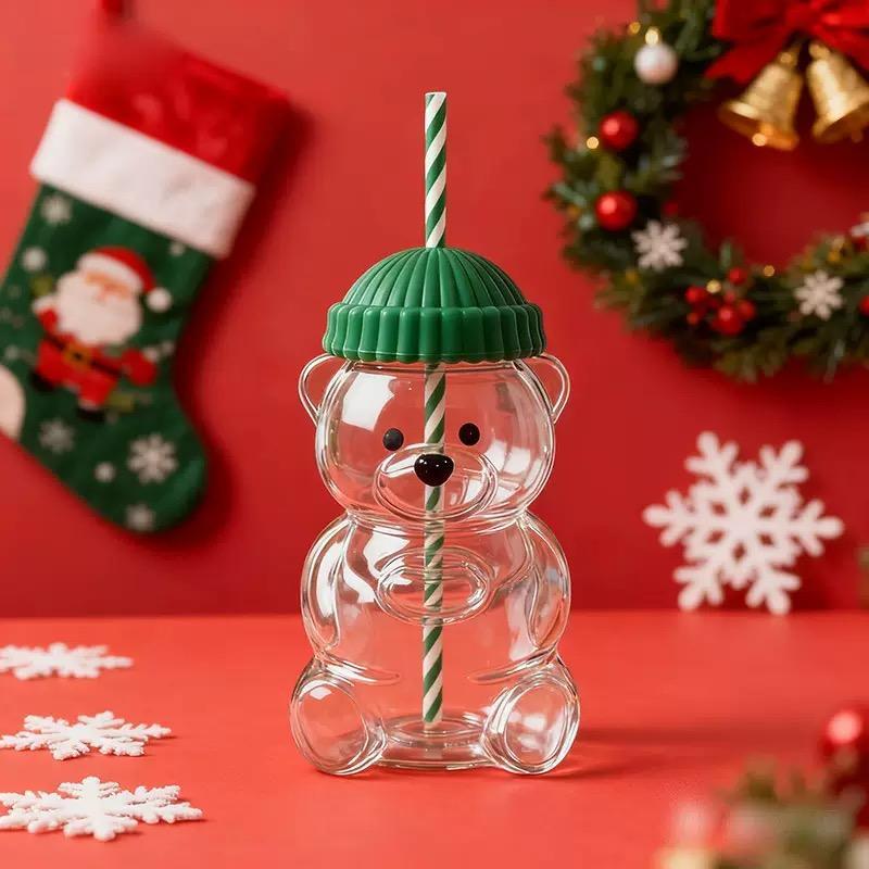 2025 Seasonal Bear Glass Cup 🐻 | Adorable Drinkware with Straw & Green Lid🎄