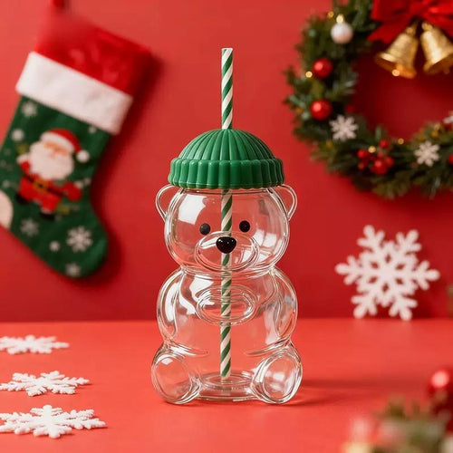 2025 Seasonal Bear Glass Cup 🐻 | Adorable Drinkware with Straw & Green Lid🎄