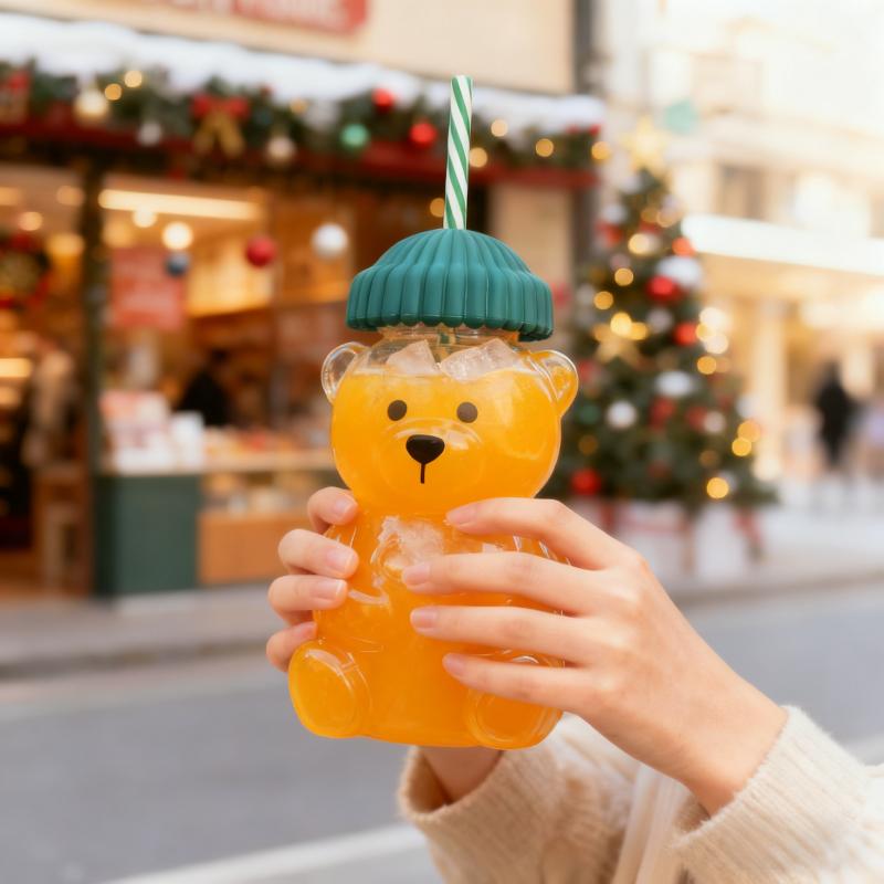 2025 Seasonal Bear Glass Cup 🐻 | Adorable Drinkware with Straw & Green Lid🎄